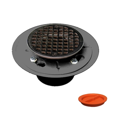 Jones Stephens 2inX3in PVC Shower Drain with 2in PVC Spud and 4in Round Oil Rubbed Bronze Strainer with Test Plug D5001RBTP